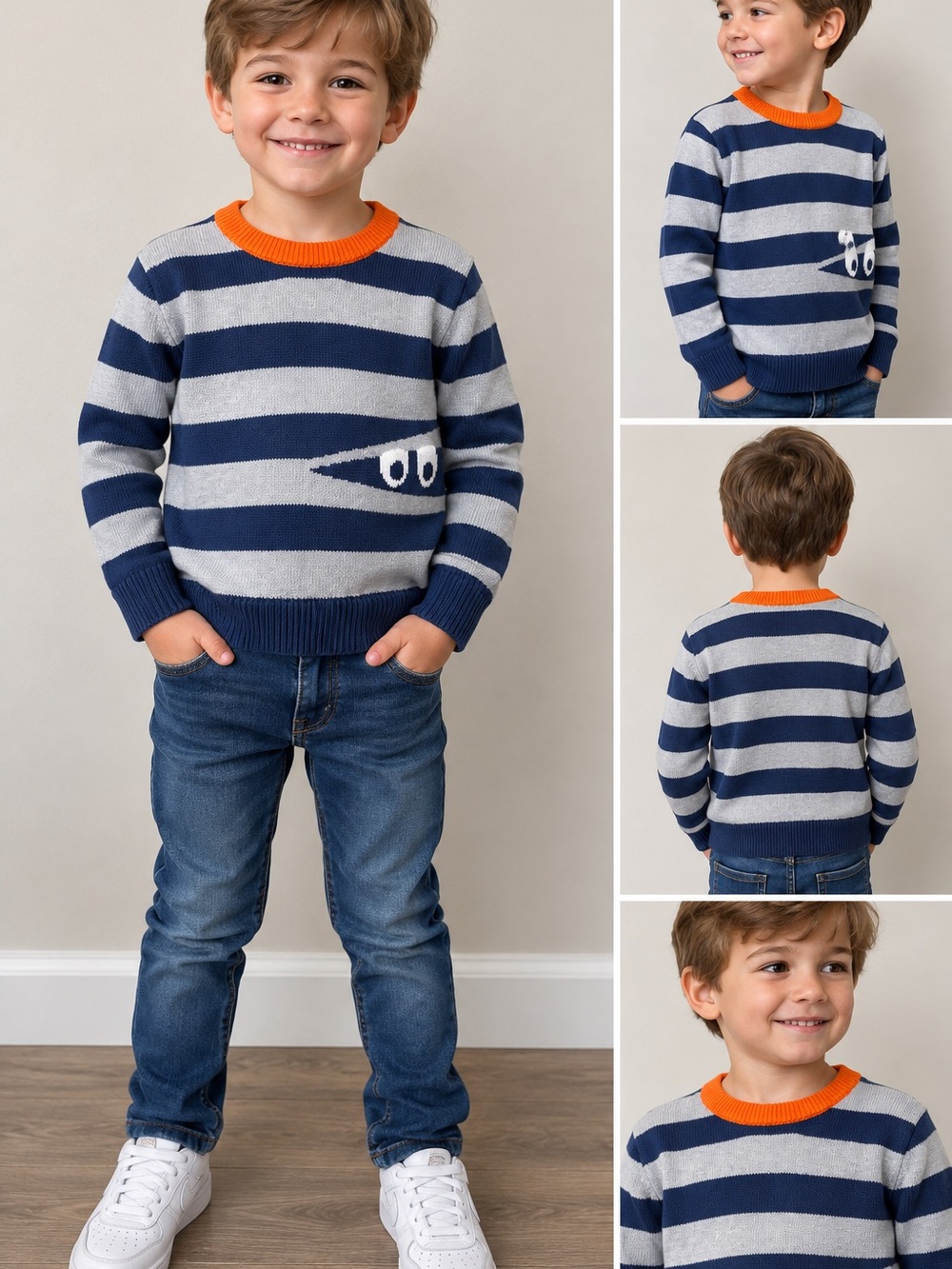 GAP Kids Boys Striped Knit Sweater Orange Collar Graphic Eye XS 4-5